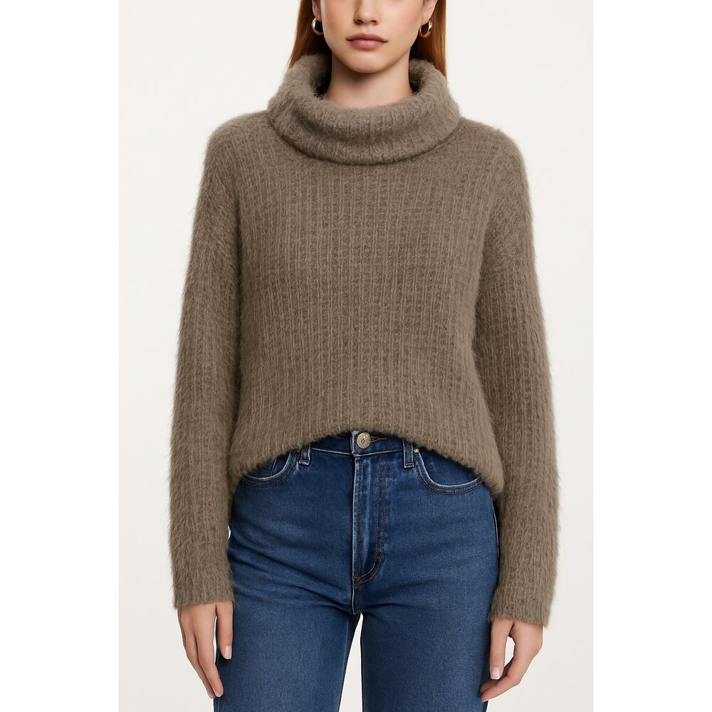 Tempo Paris Fuzzy Alpaca Wool Blend Cowl Neck Sweater Brown Taupe | Size S
